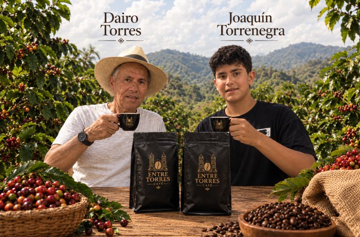 Joaquín y Dairo, fundadores de Entre Torres Café, tomando café entre cultivos